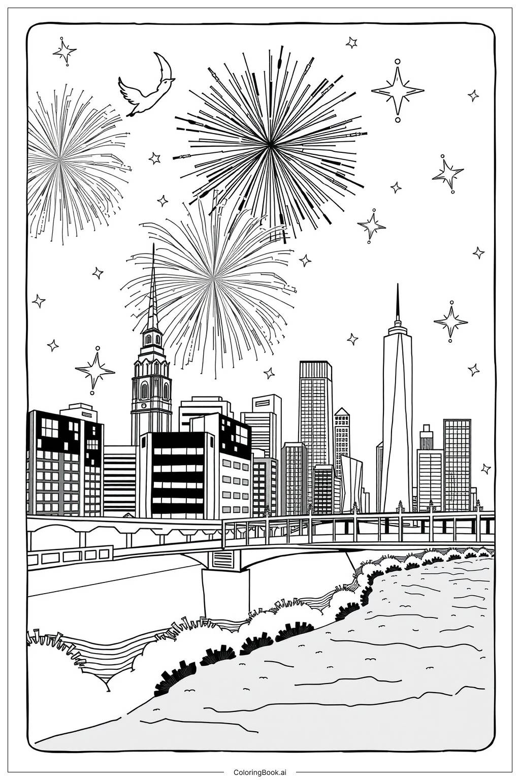  Fireworks Lighting Up the City Sky Coloring Page 