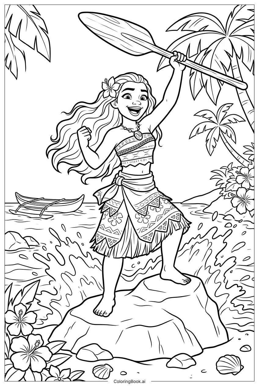 Moana Raising Oar Over Splashing Waves Coloring Page 