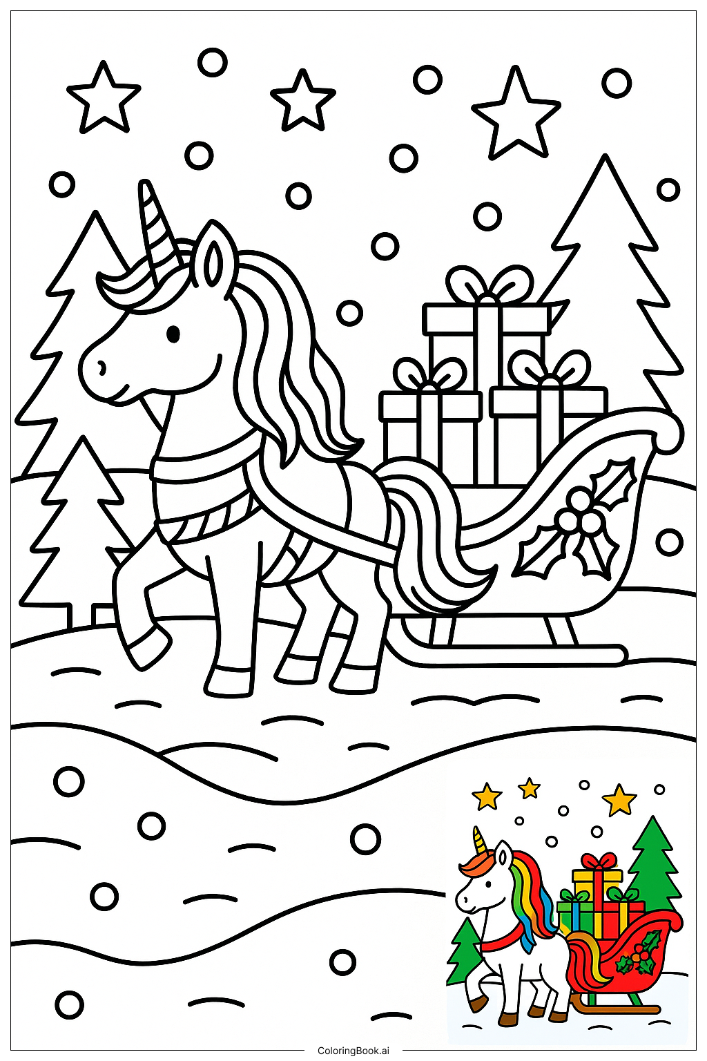  圣诞独角兽拉雪橇填色页 