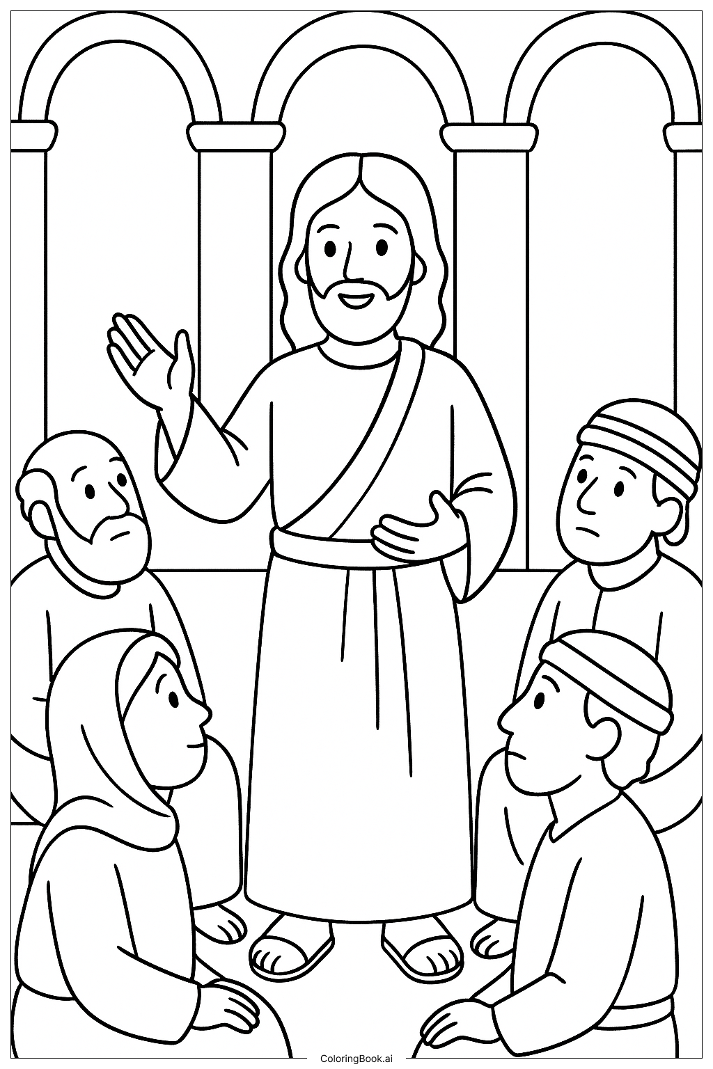 Página para colorear de Jesús enseñando en el templo