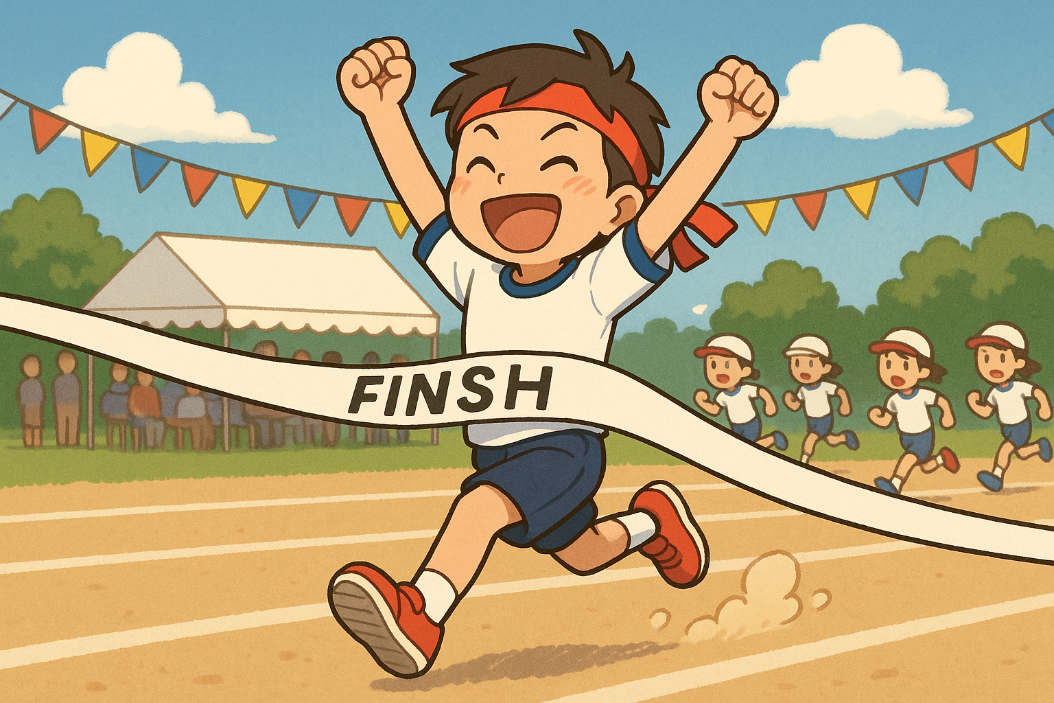 Course Joyeuse vers la Victoire : Un Coureur Heureux Franchit la Ligne d'Arrivée avec des Amis Acclamant sur le Côté !