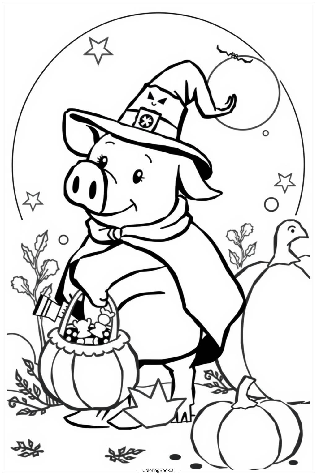  Página para colorear de Cerdito en la Noche de Halloween 