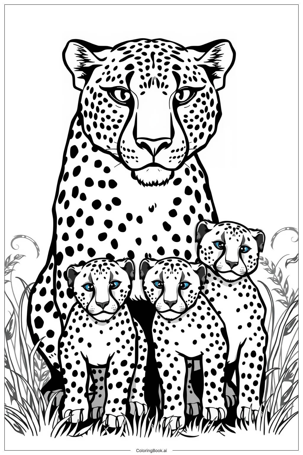  cheetah mother cubs Coloring Page 