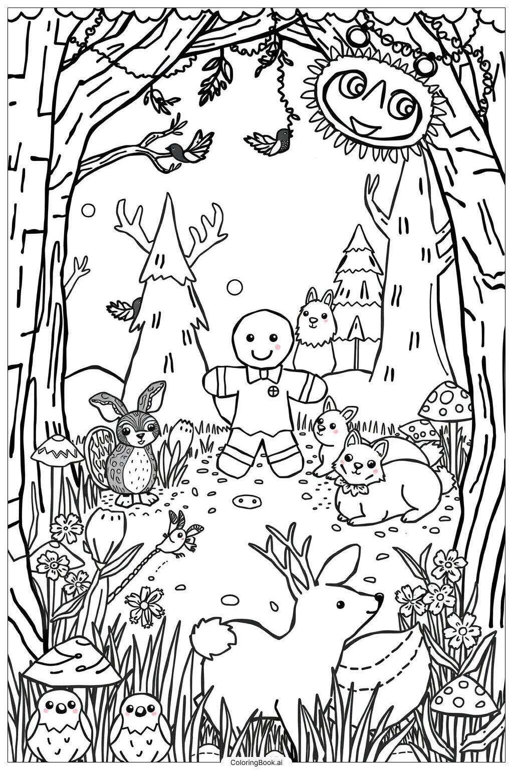  Gingerbread Man Meeting Forest Animals-2 Coloring Page 