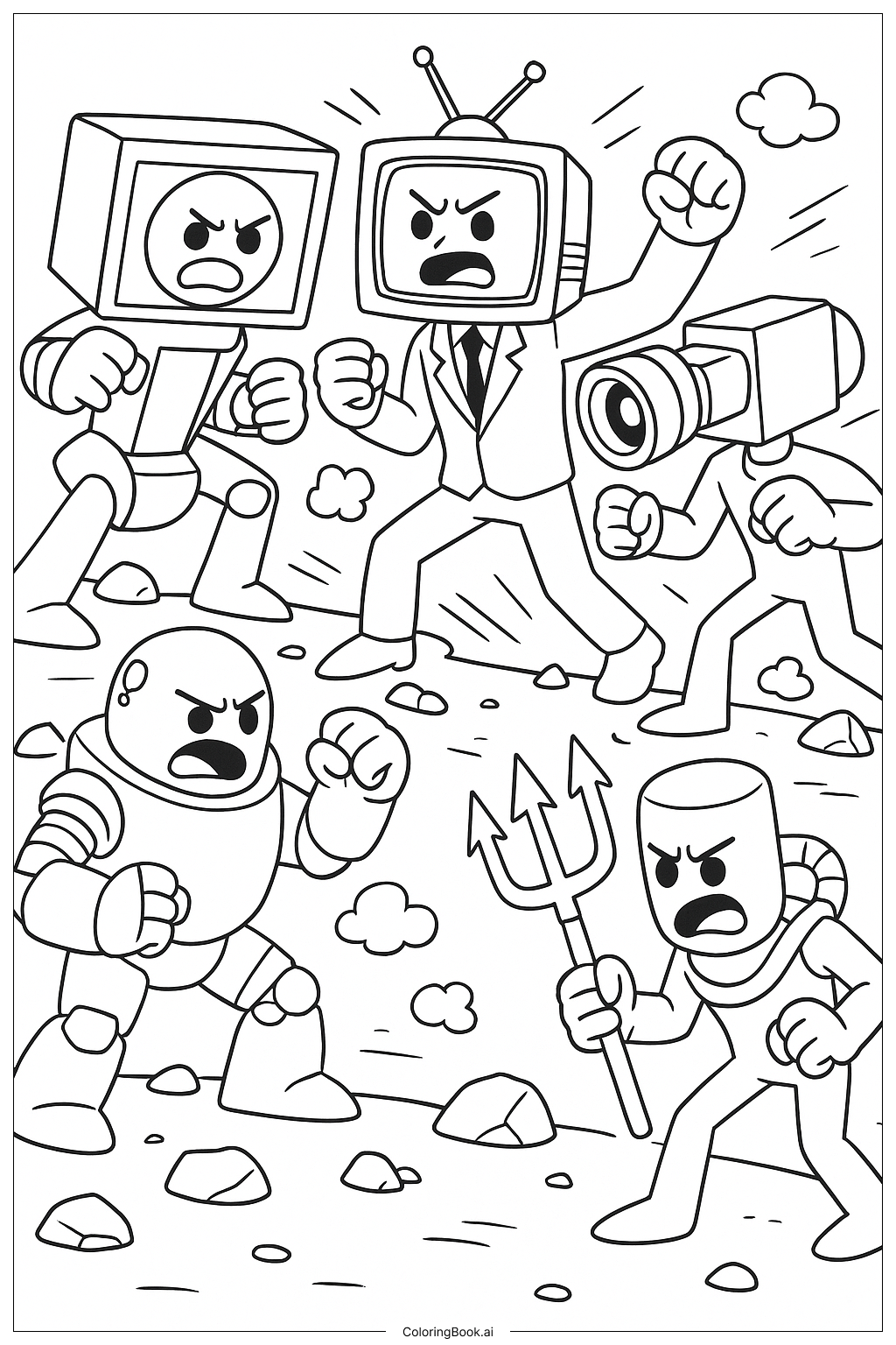  Page de coloriage Tous les Titans de Toilettes Skibidi dans une Scène de Bataille 