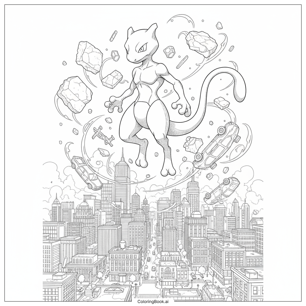  Page de coloriage Mewtwo semant le chaos psychiquement au-dessus d'une ville 