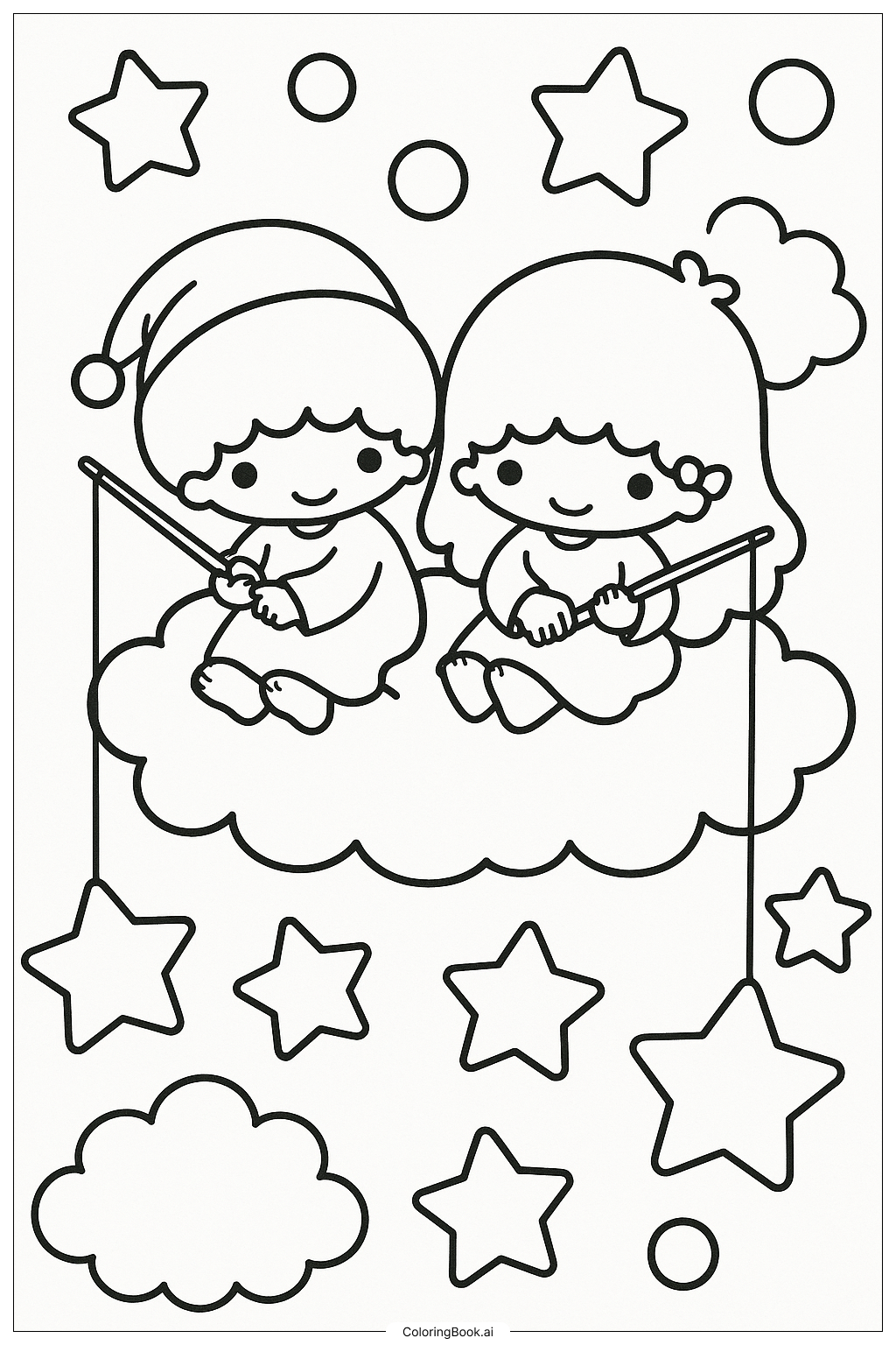  Little Twin Stars Fishing For Stars From A Cloud Coloring Page 