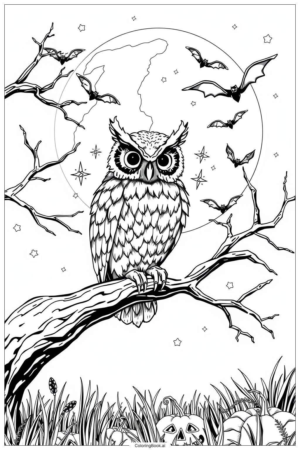  Halloween Owl Scene-2 Coloring Page 