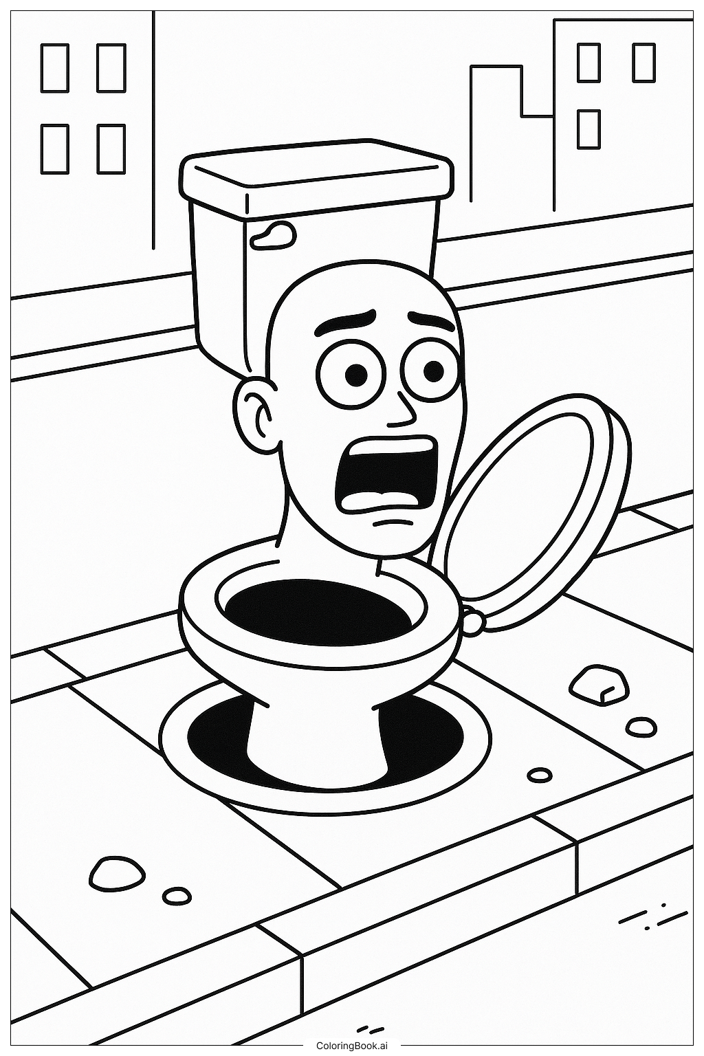  Page de coloriage Toilette Skibidi Surgissant d'une Borne d'Égout 