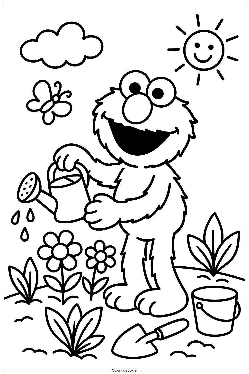  Elmo im Garten mit der Gießkanne Ausmalseite 