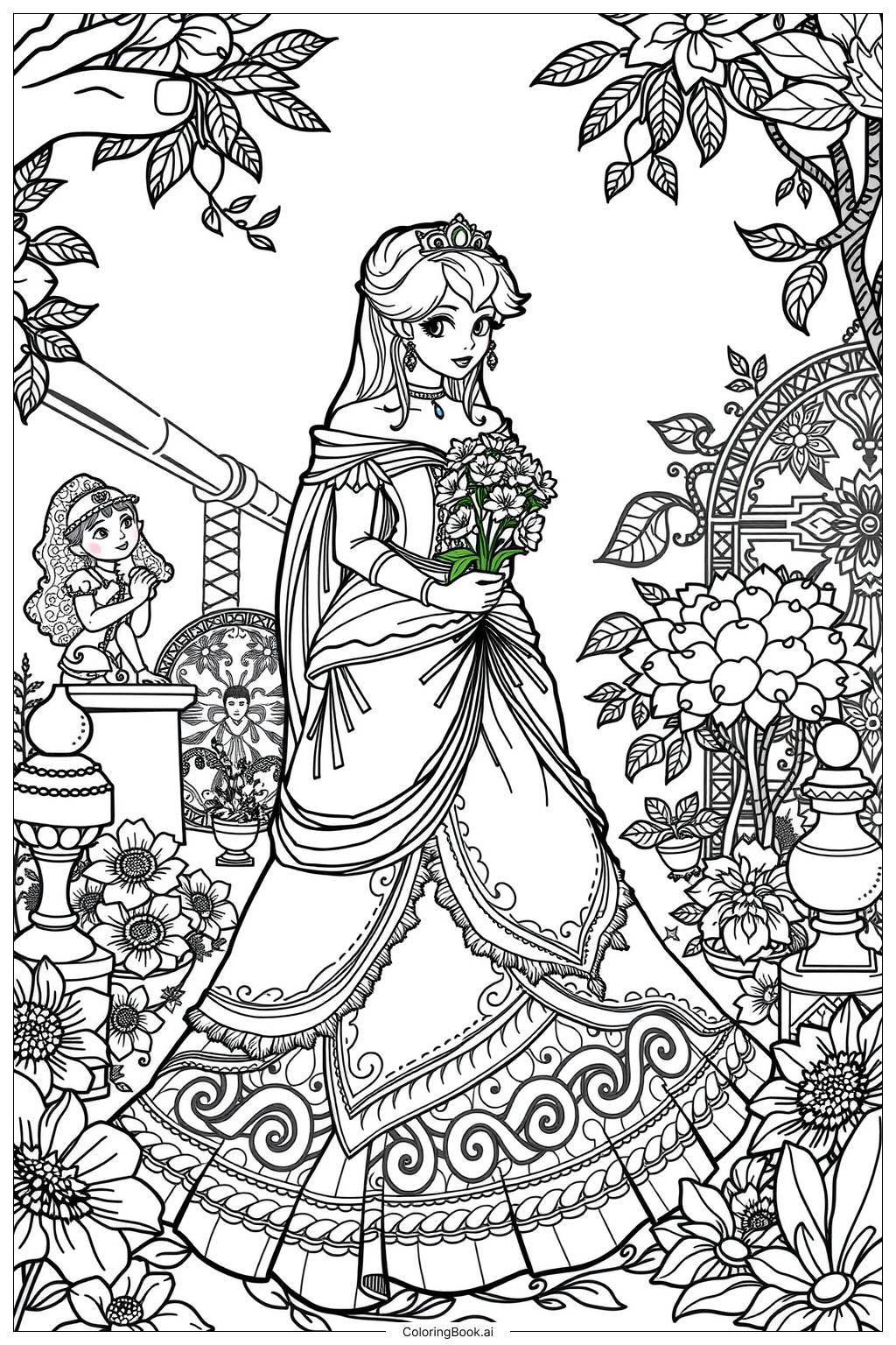  Page de coloriage La Princesse Peach dans un jardin rempli de fleurs 