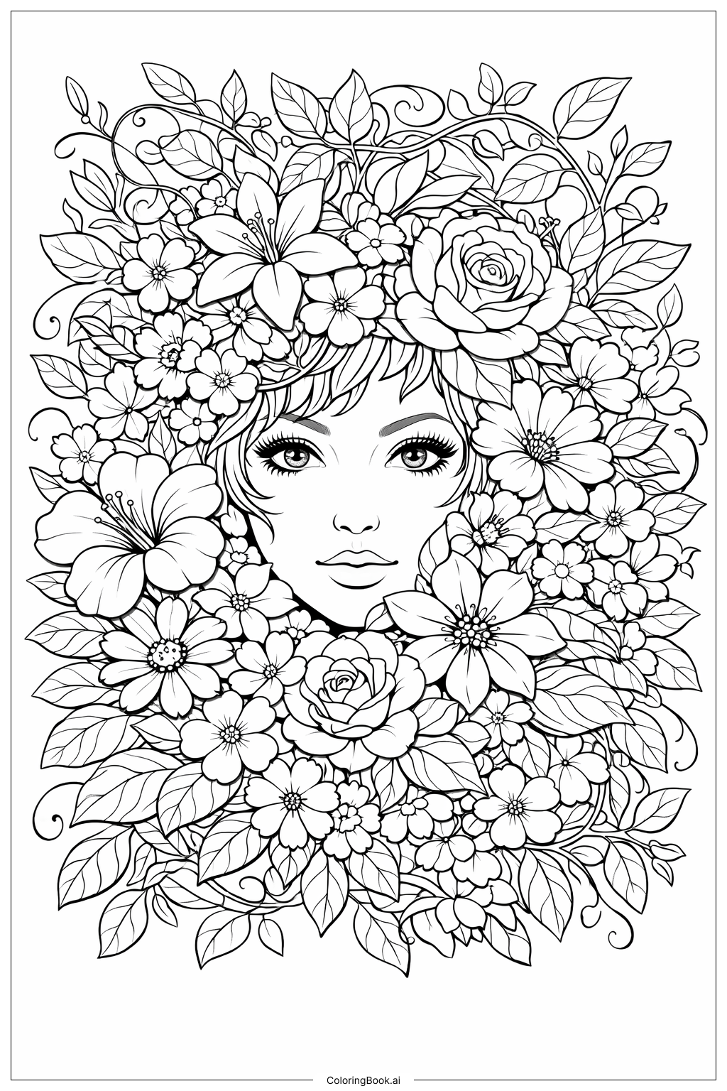  Face Among Flowers Coloring Page 