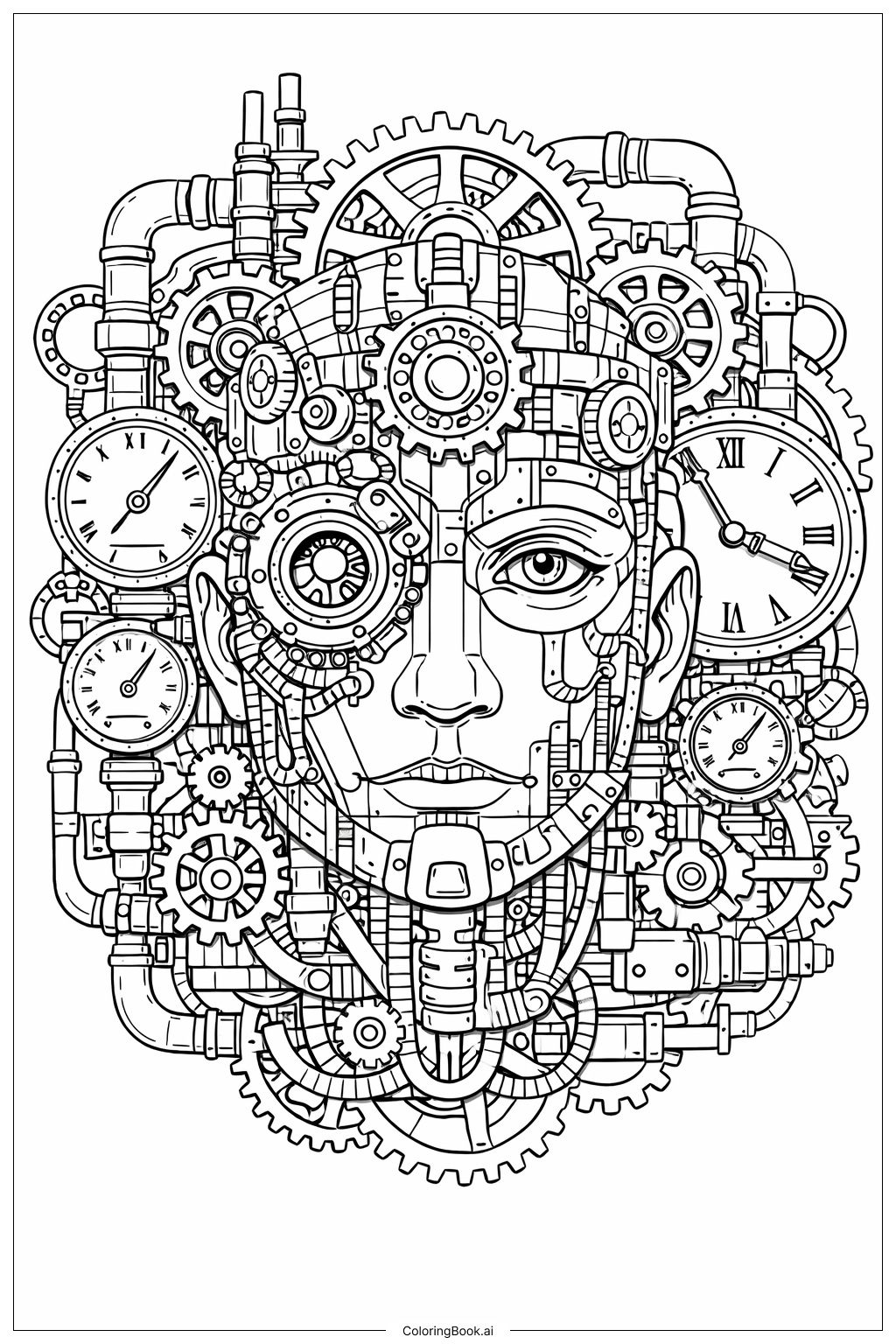 Face In Steampunk Gears Coloring Page