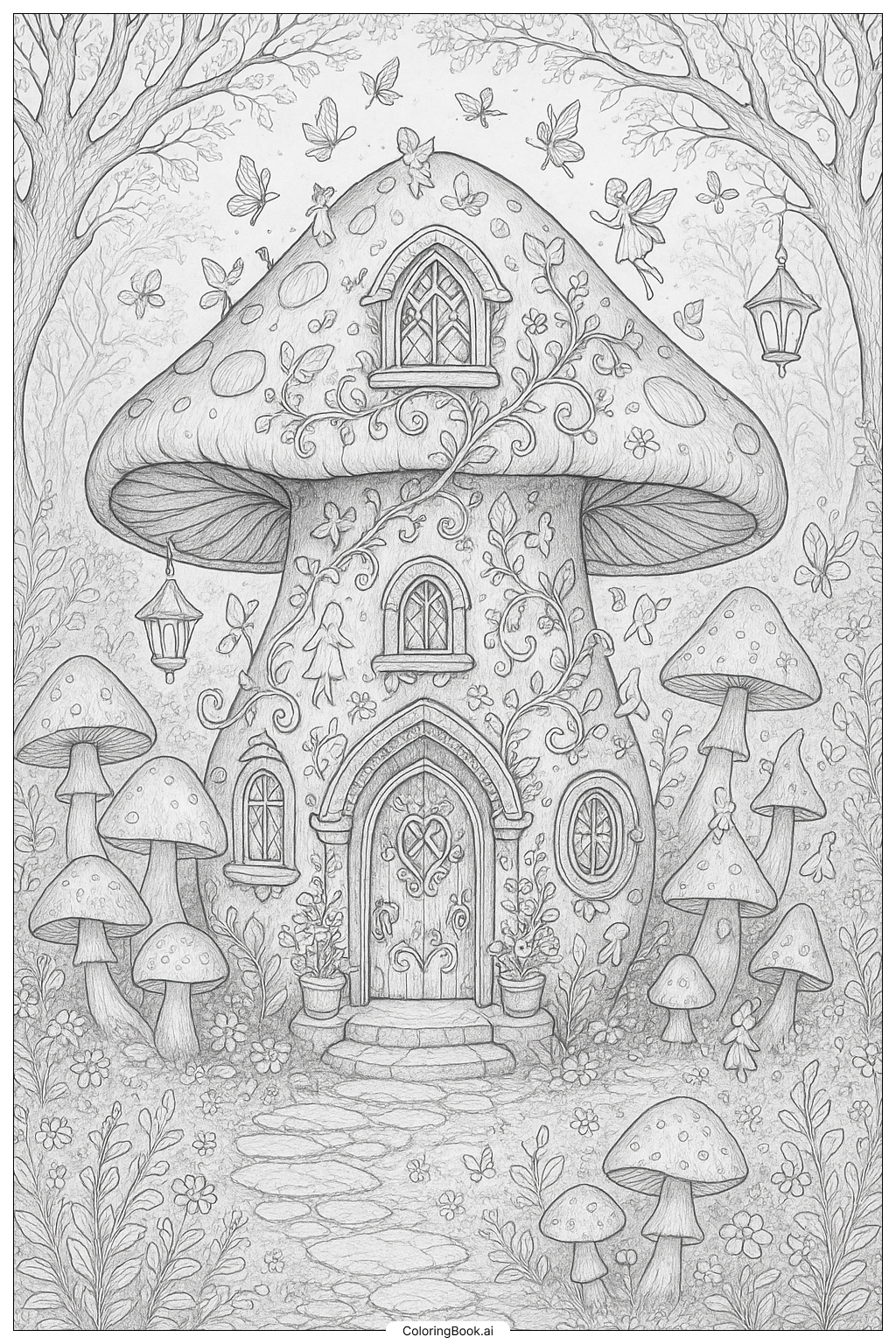 A Fantasy Mushroom Fairy House Coloring Page