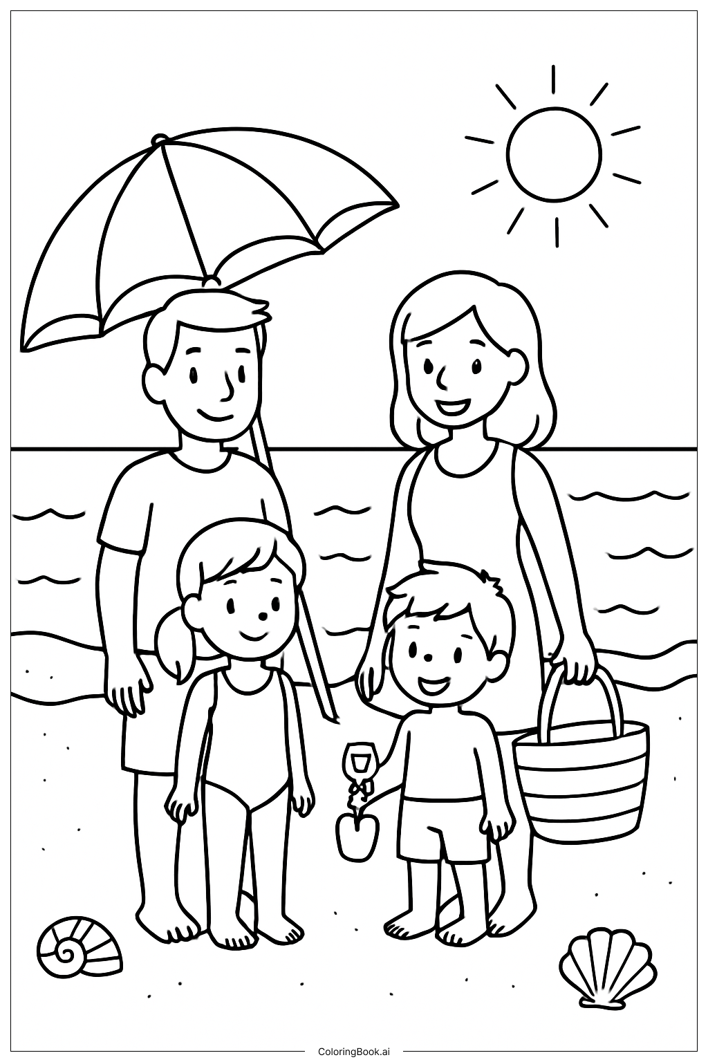 家族のビーチシーンの塗り絵ページ