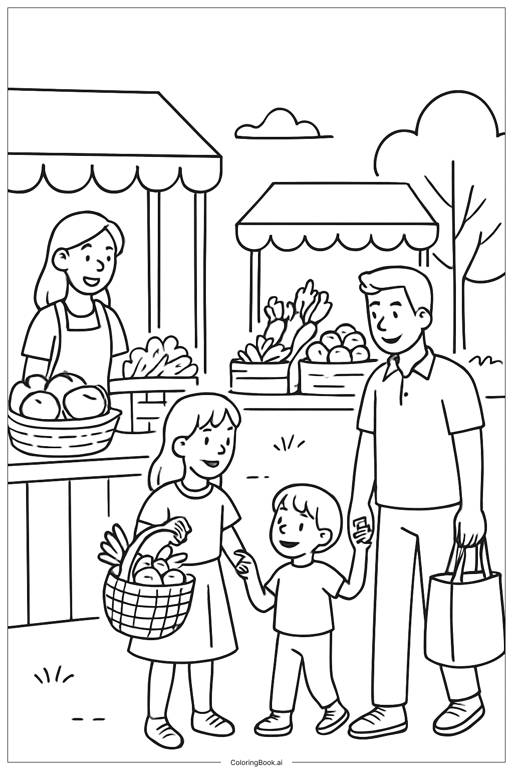 市場での家族の塗り絵ページ