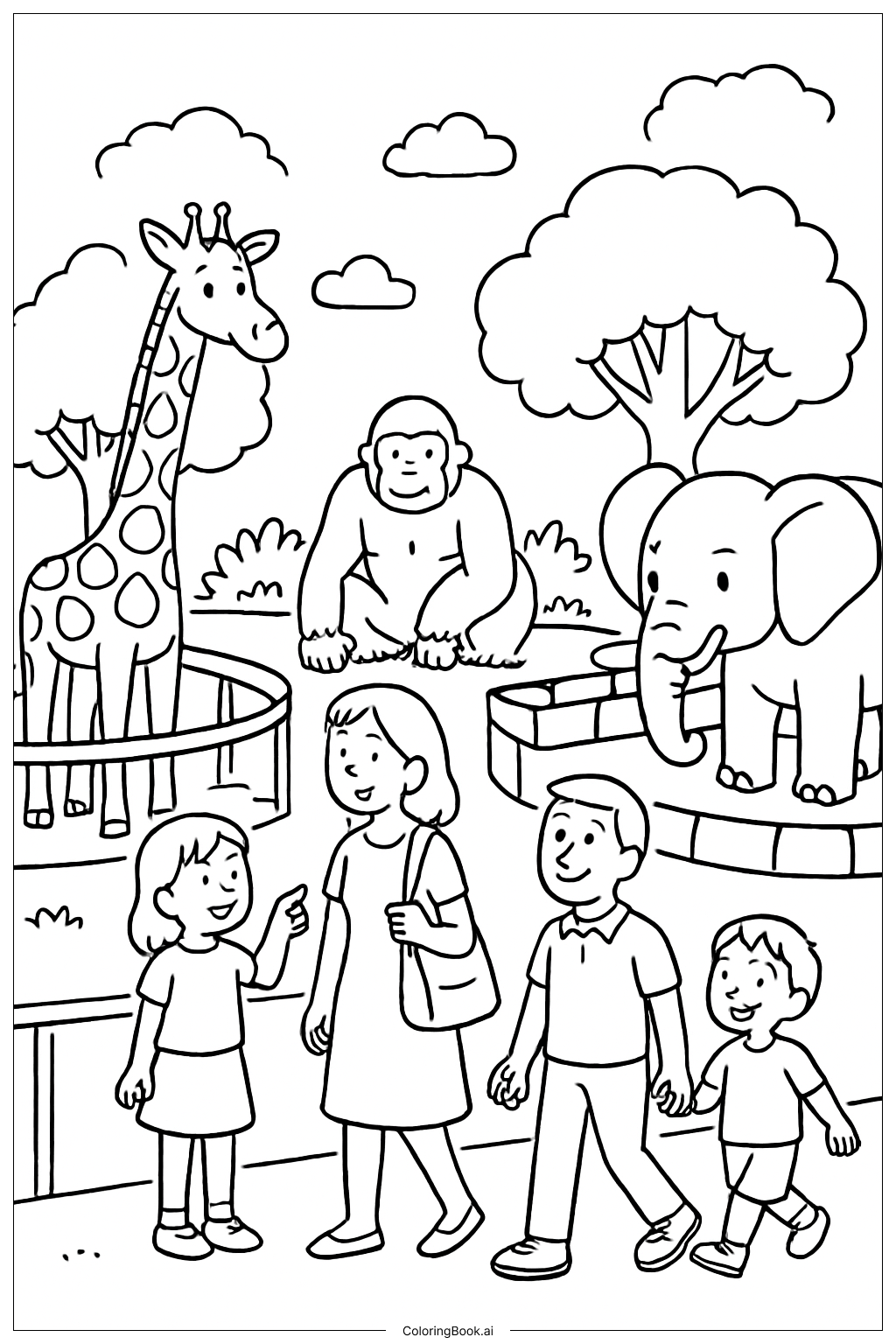 動物園の家族の塗り絵ページ