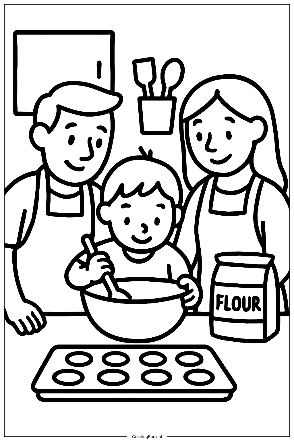 家族で一緒にお菓子作りの塗り絵ページ