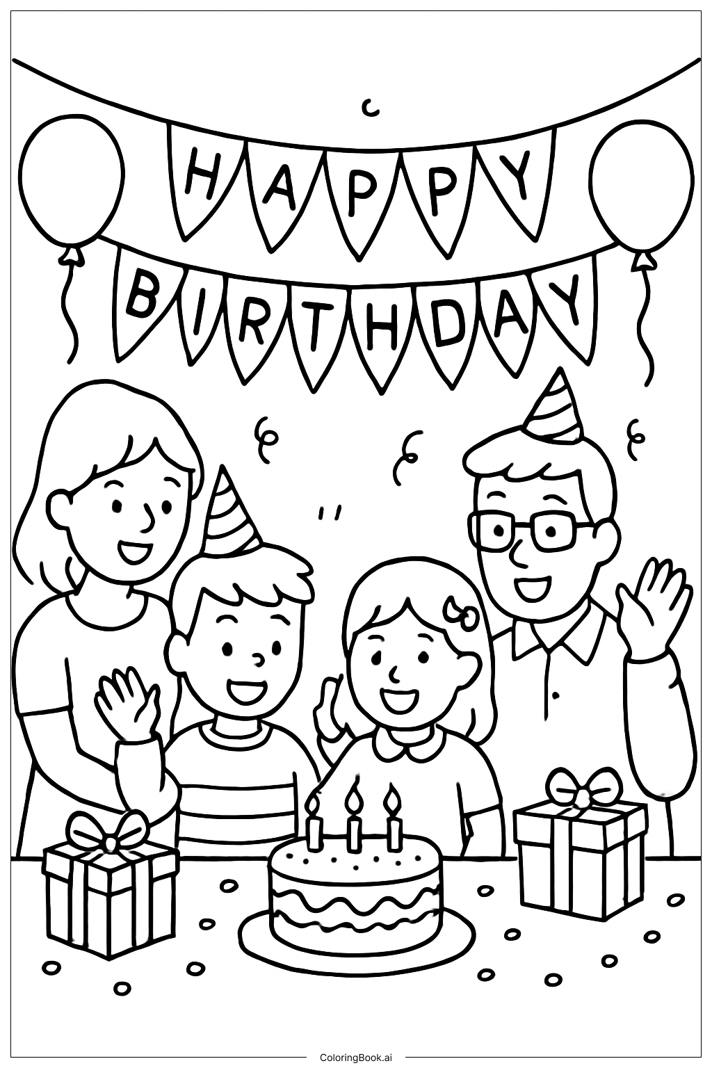 家族の誕生日のお祝いの塗り絵ページ