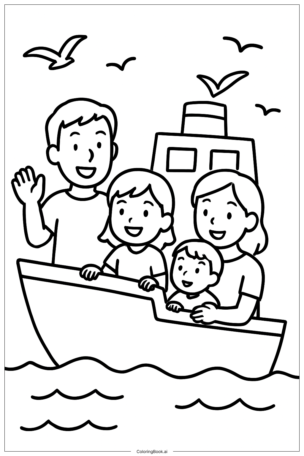 家族のボート乗りの塗り絵ページ