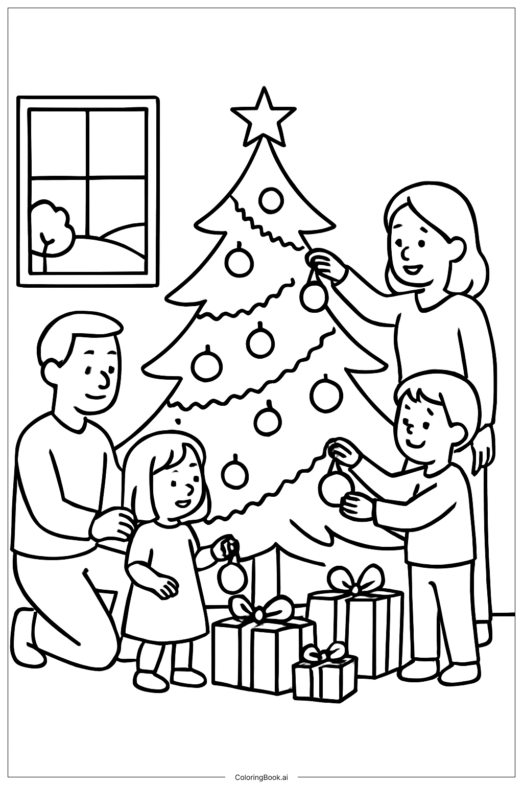 家族でクリスマスツリーを飾るの塗り絵ページ