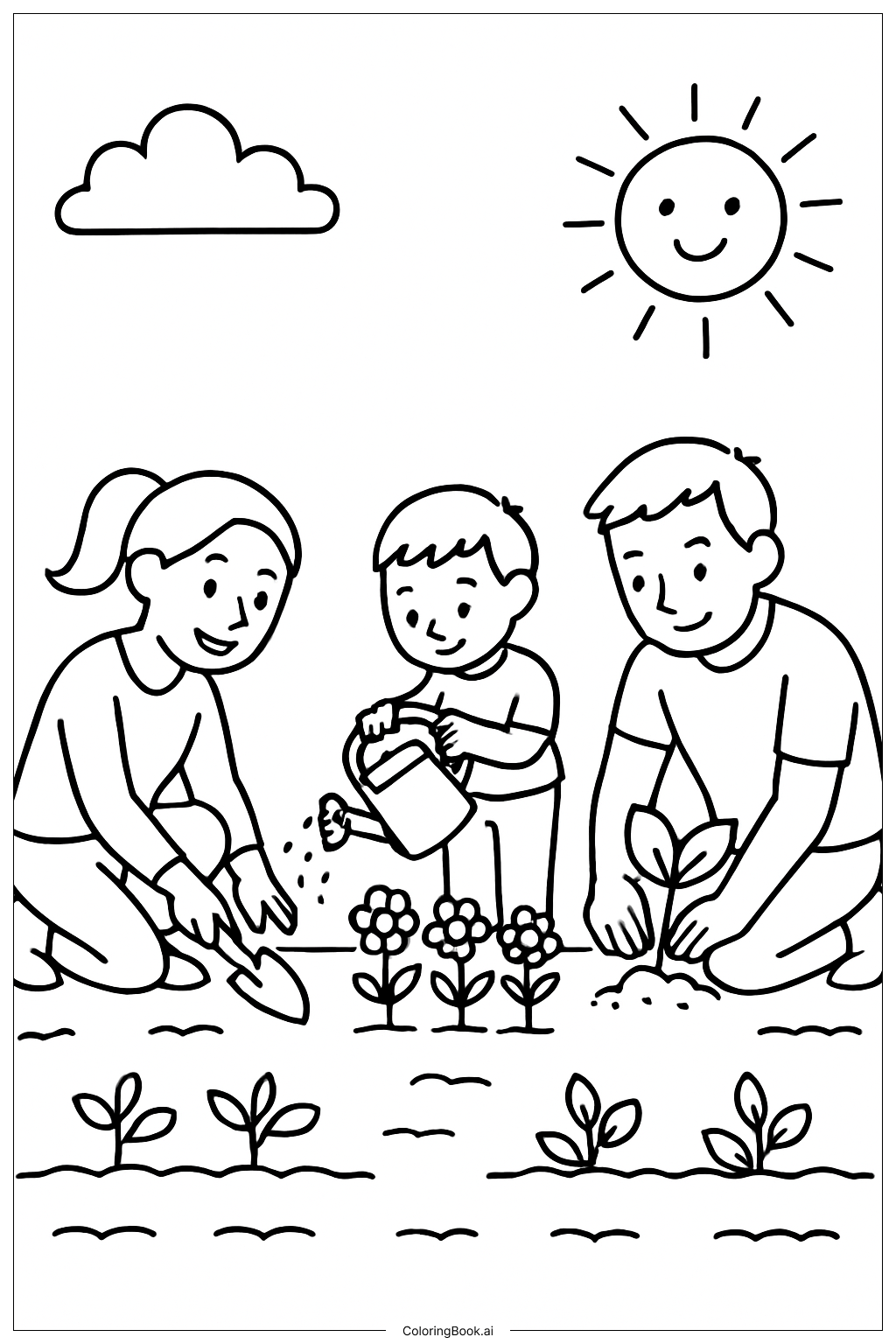 家族で一緒にガーデニングの塗り絵ページ