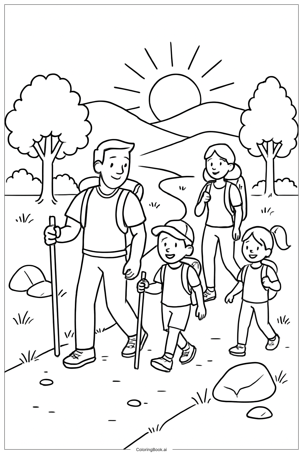 家族ハイキングの旅の塗り絵ページ