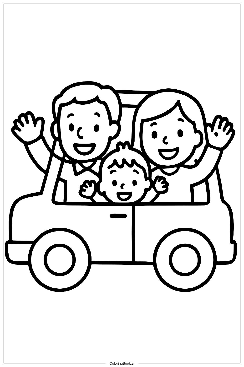 家族と車の塗り絵ページ