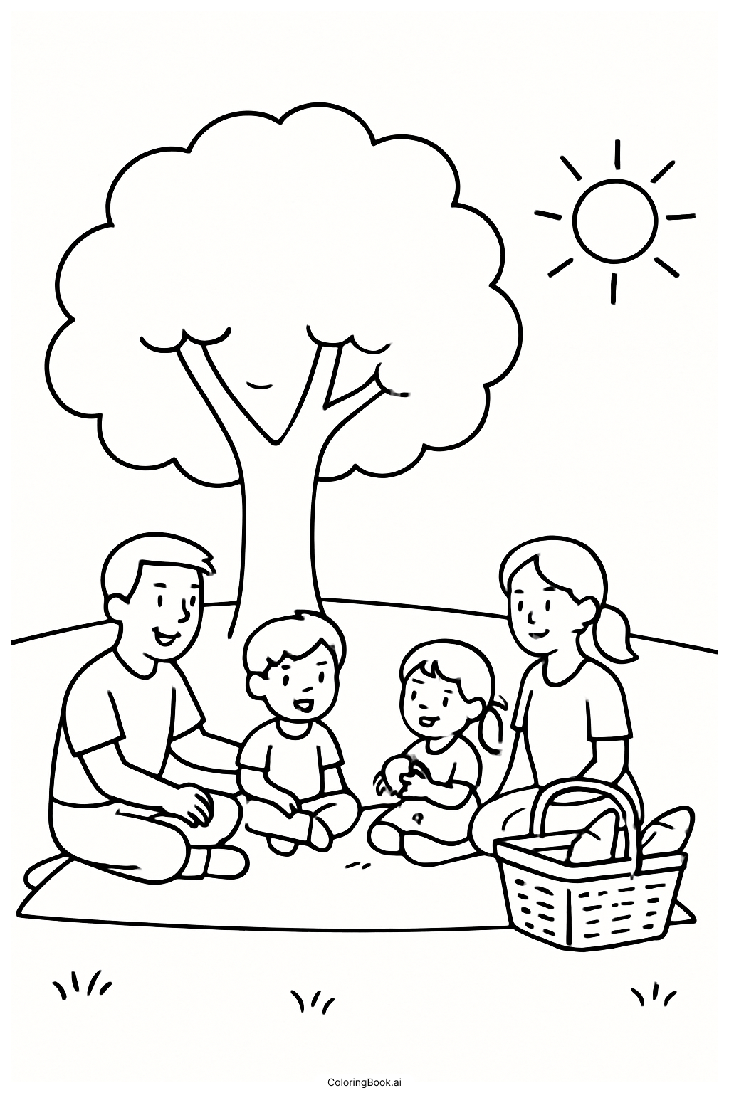木の下の家族ピクニックの塗り絵ページ