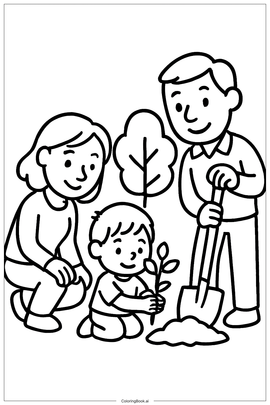 家族で木を植えるの塗り絵ページ
