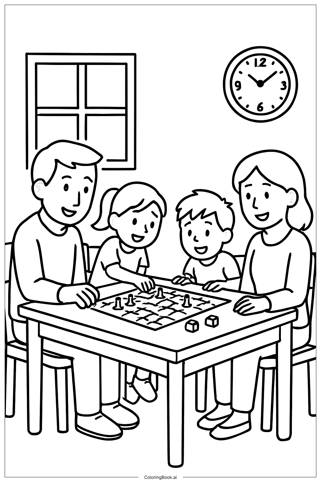 家族でボードゲームを楽しむの塗り絵ページ