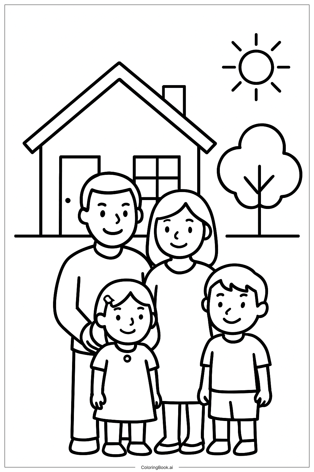 家の前での家族の肖像の塗り絵ページ