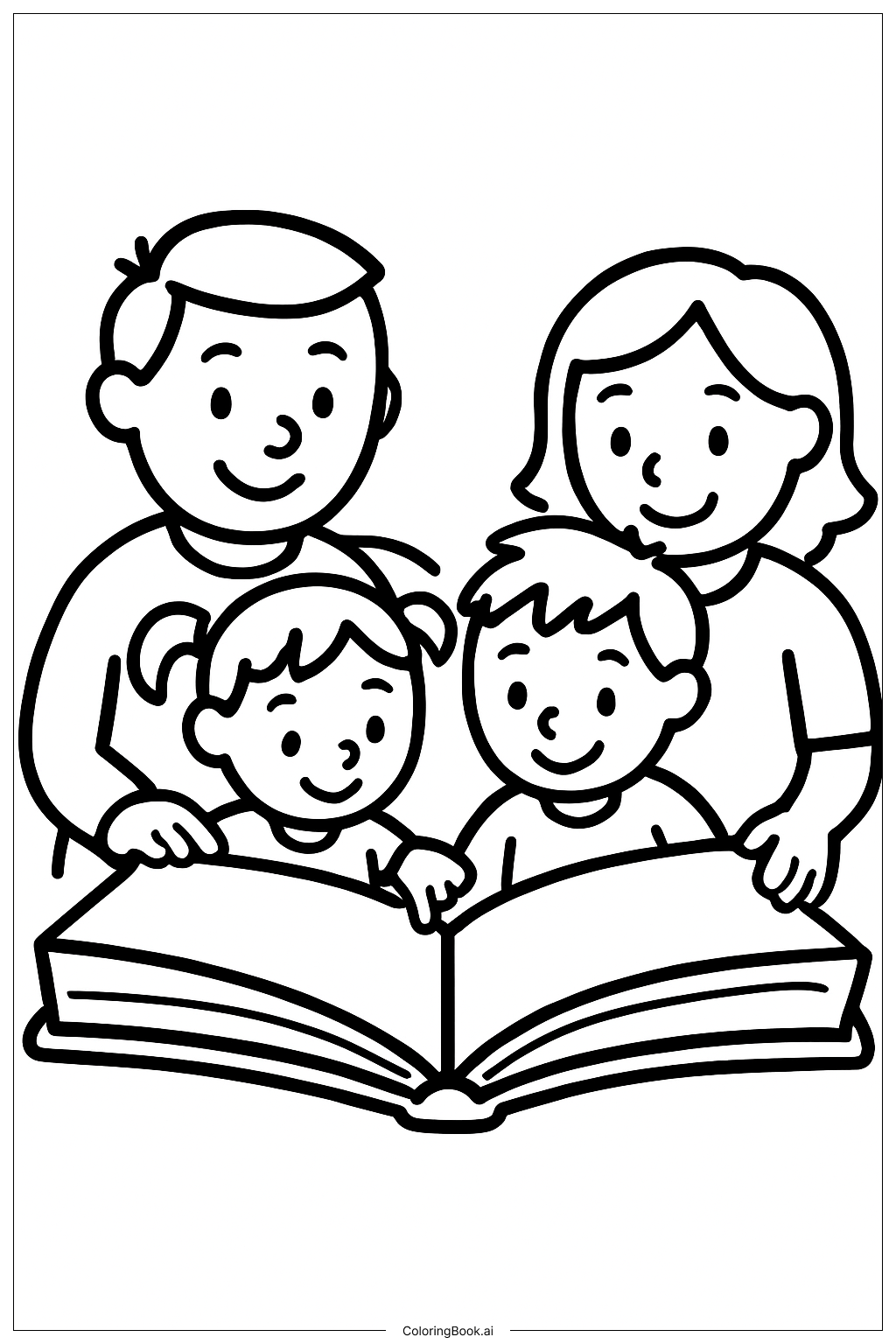 家族で本を読むの塗り絵ページ