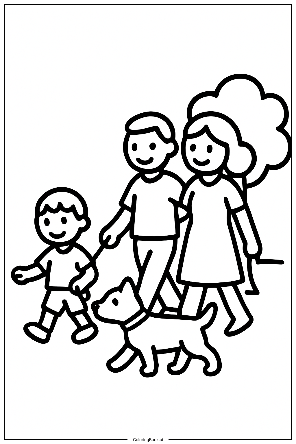 家族が犬と散歩の塗り絵ページ