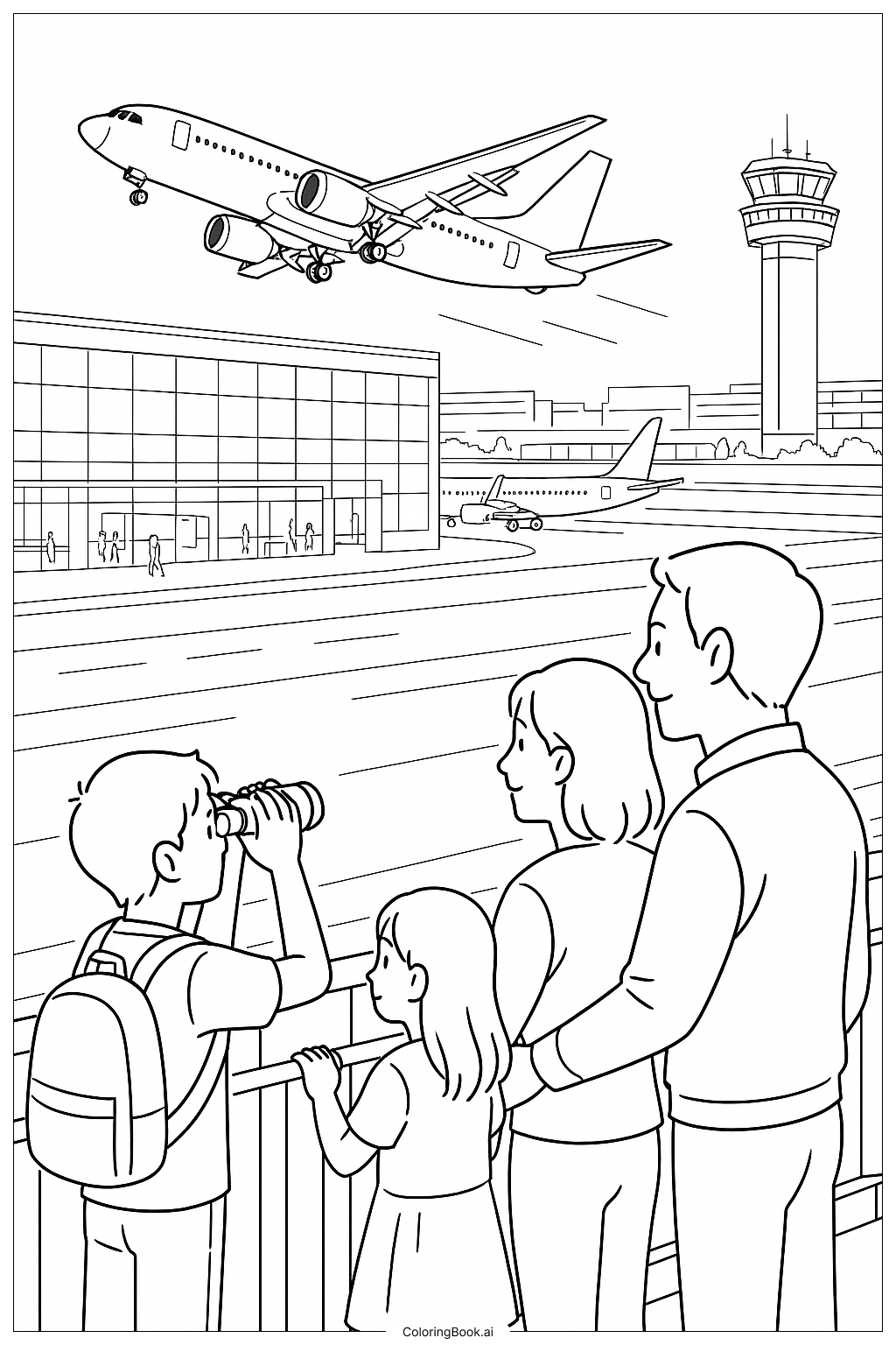  一家人在机场看飞机填色页 