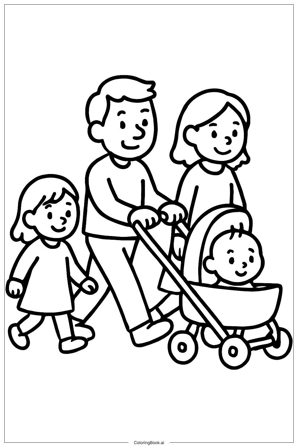 ベビーカーを押す家族の塗り絵ページ