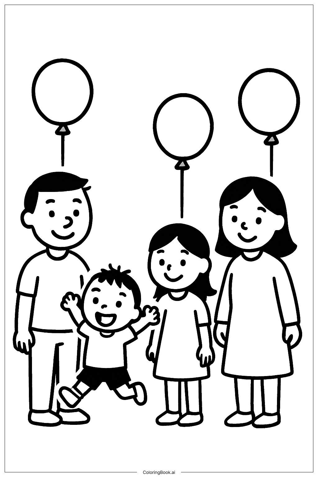 風船と家族の塗り絵ページ