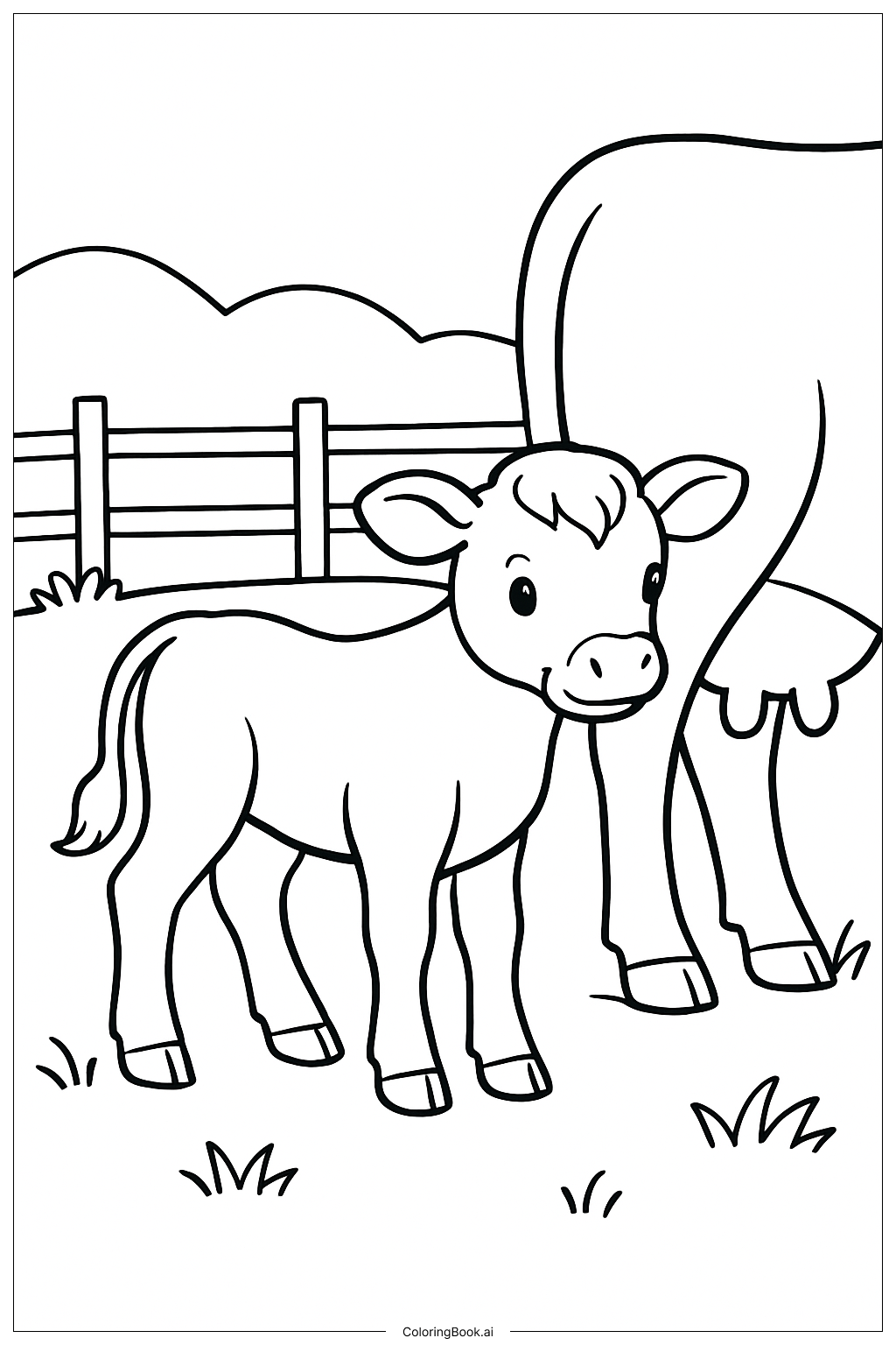  Page de coloriage Veau d'animal de ferme près de sa mère 