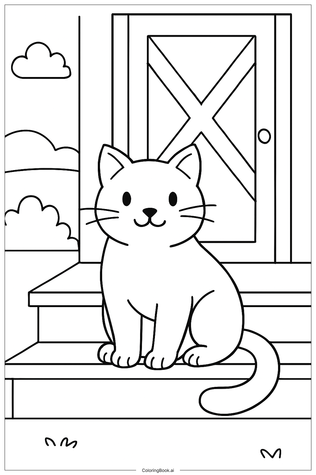 Page de coloriage Chat d'animaux de la ferme sur le porche 
