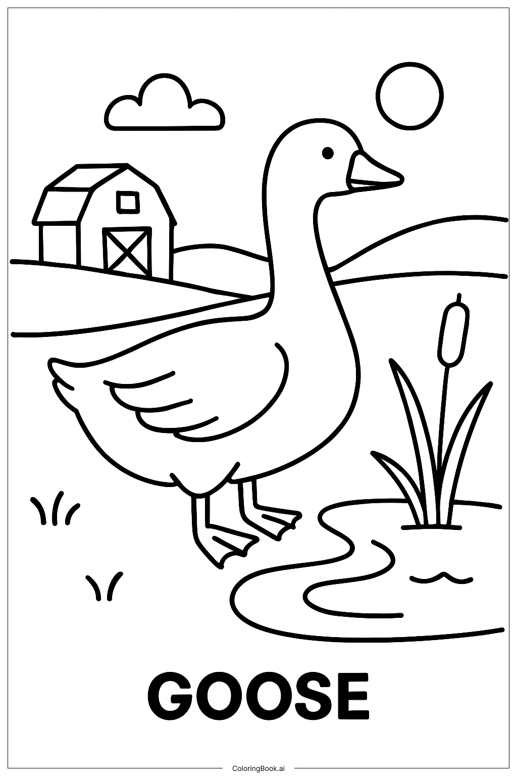  Page de coloriage Oie d'animaux de la ferme près de l'étang 