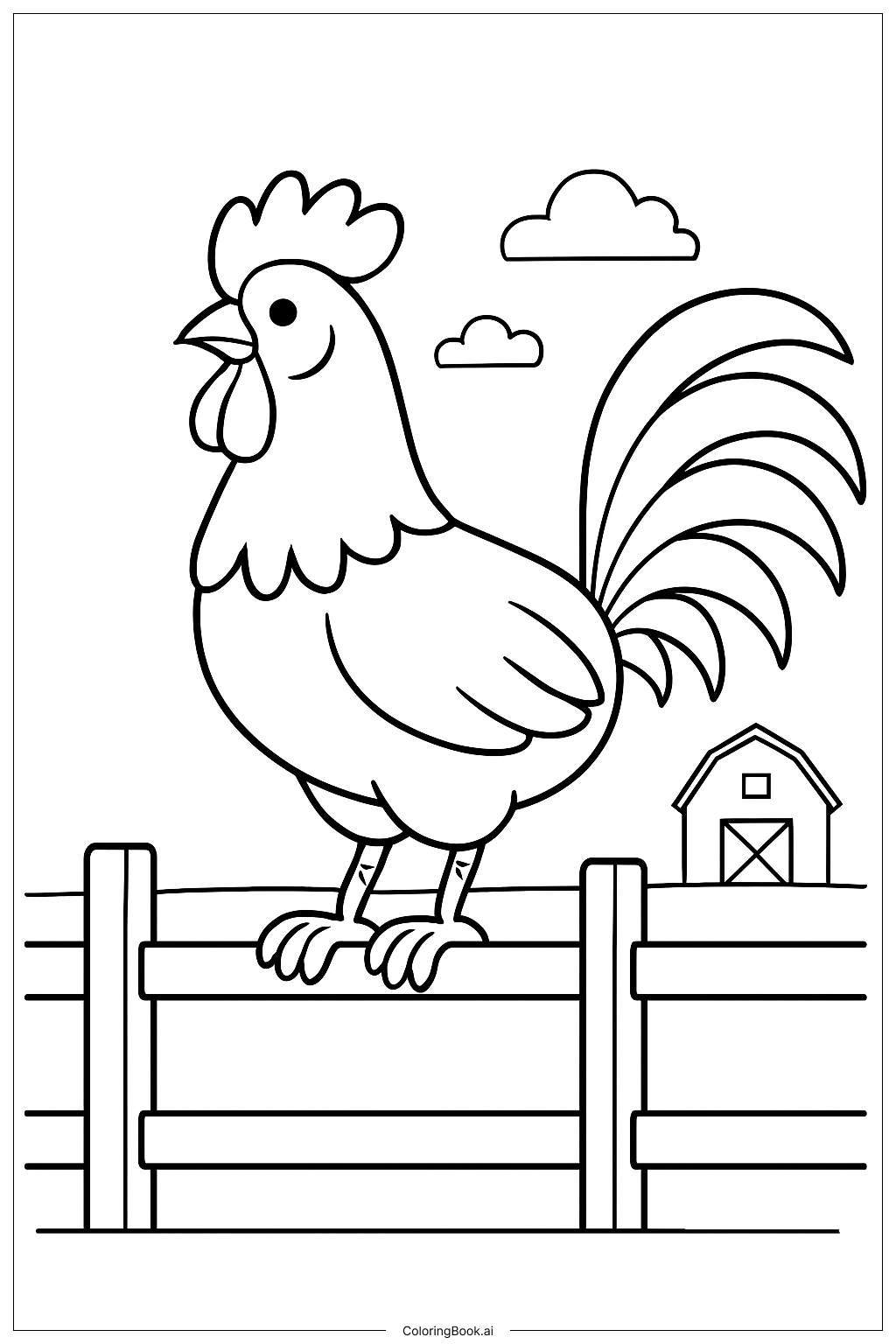  Page de coloriage Coq de ferme sur la clôture 