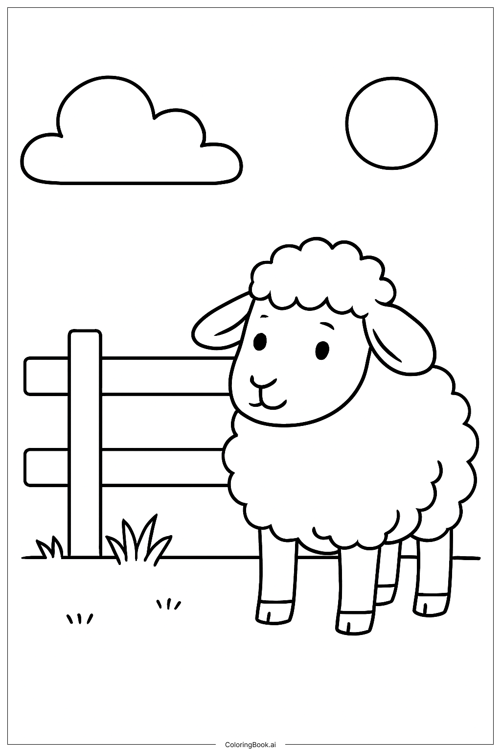  Page de coloriage Mouton à la ferme près de la clôture 