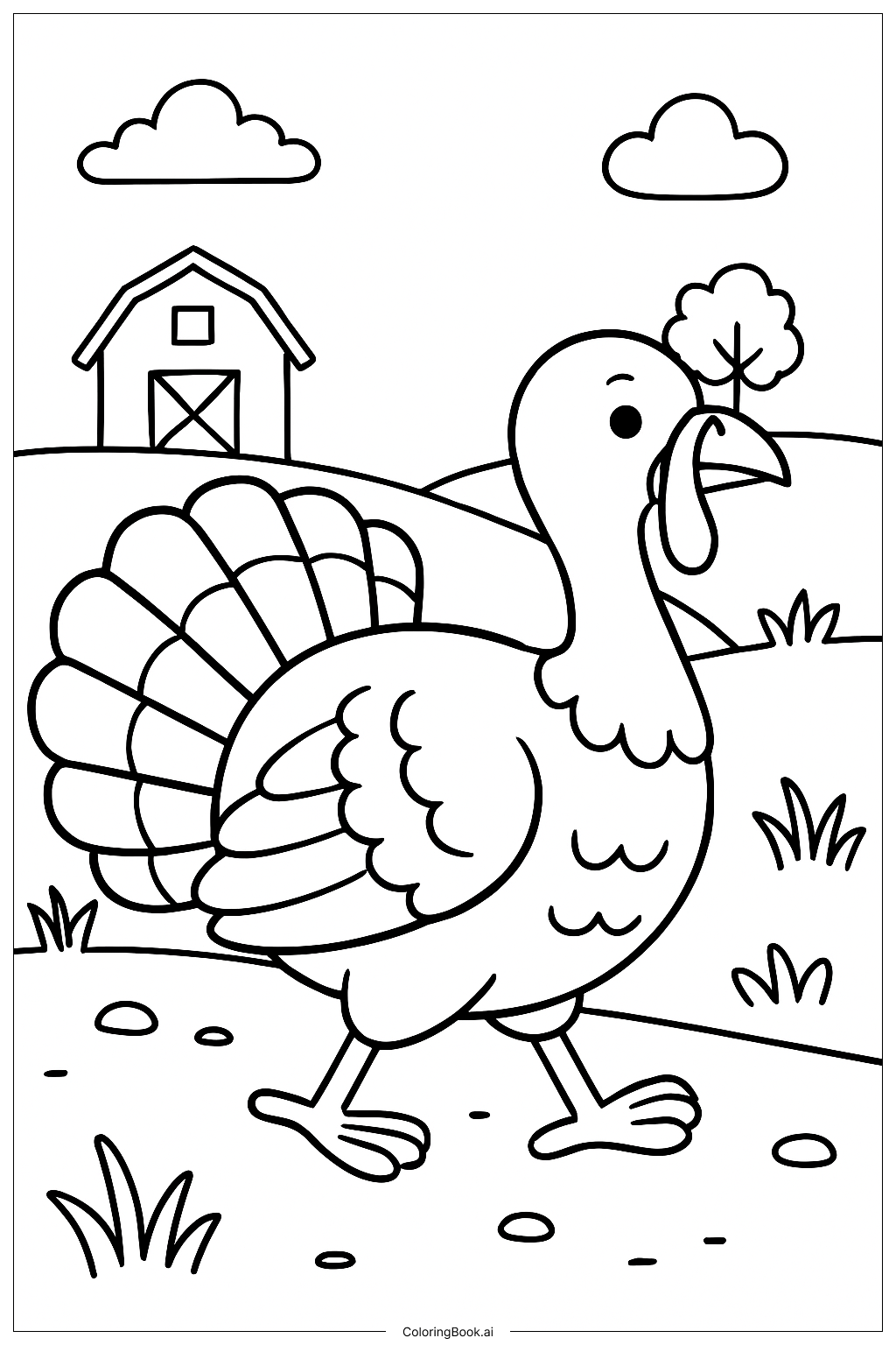 Page de coloriage Dinde d'animal de ferme sur le chemin 