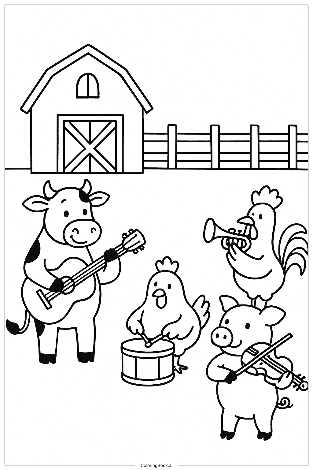  Página para colorear de Animales de granja haciendo música 