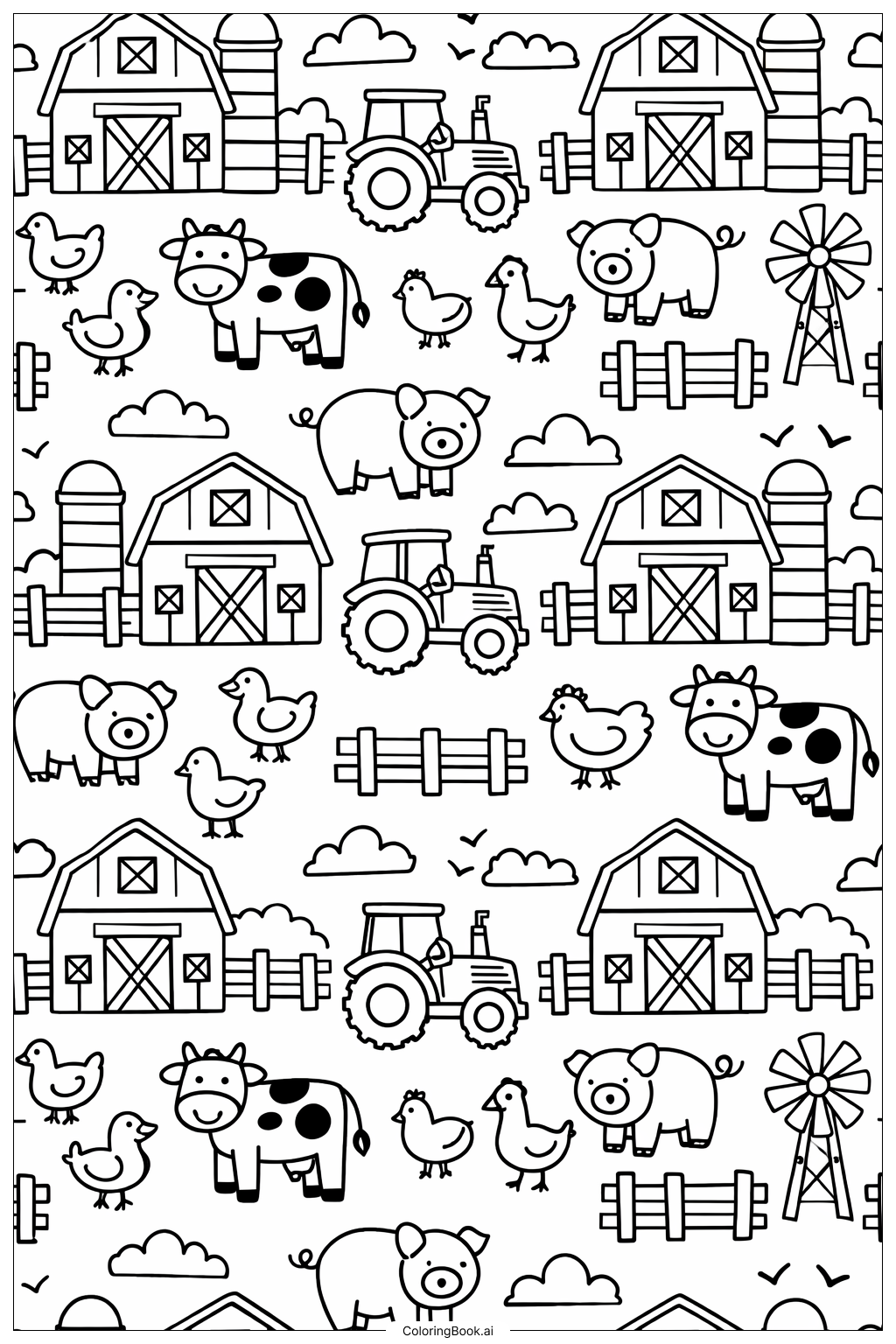  农场图案和谷仓填色页 