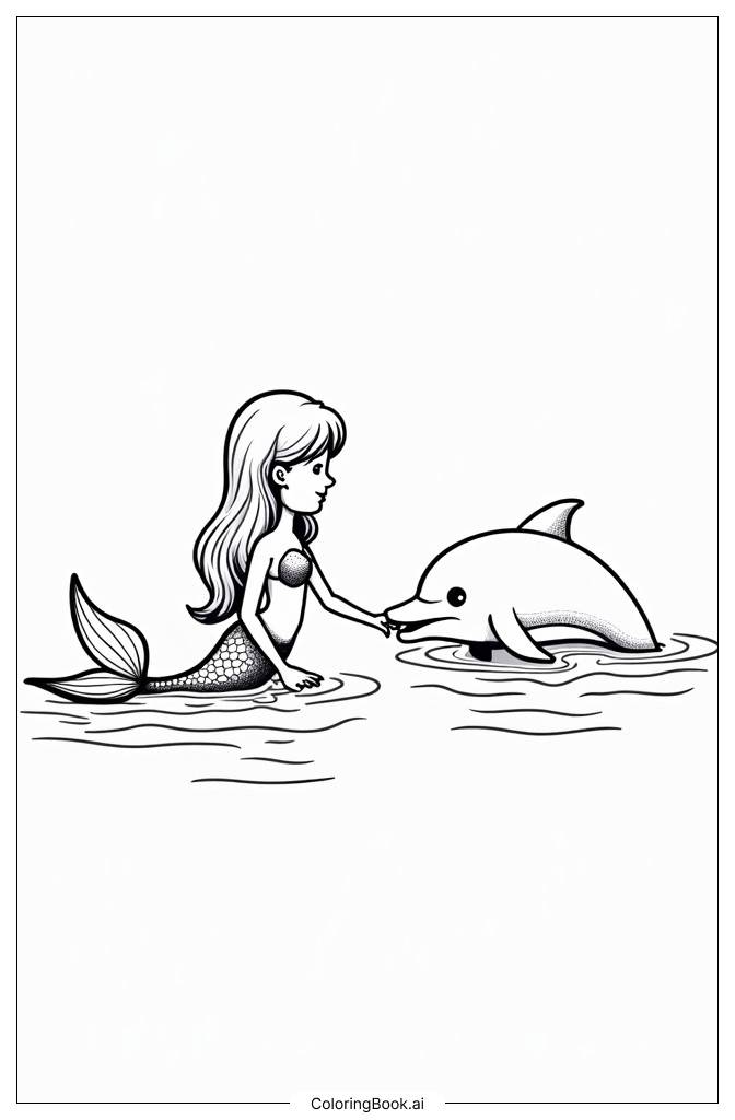  Mermaid meeting a dolphin in the ocean Coloring Page 