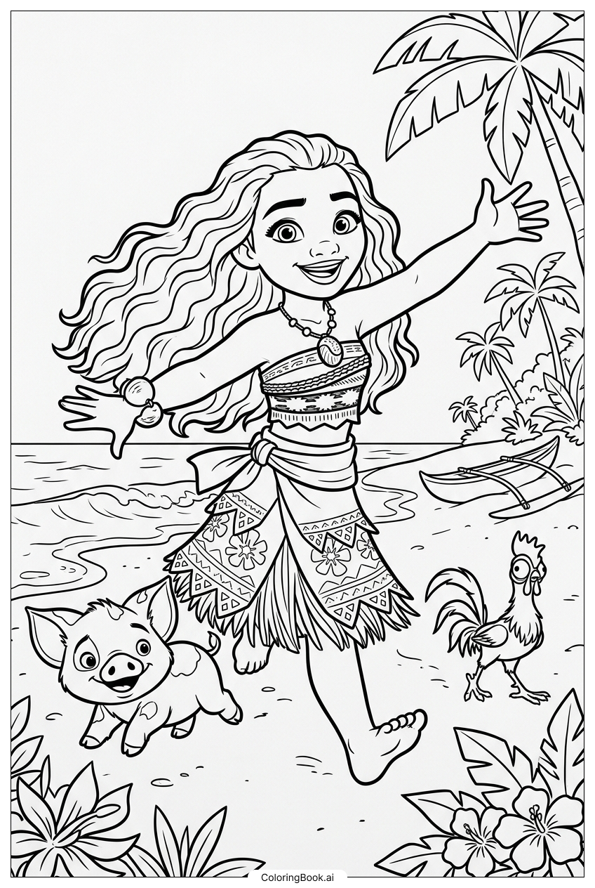  Moana Running Happily With Pua Nearby Coloring Page 