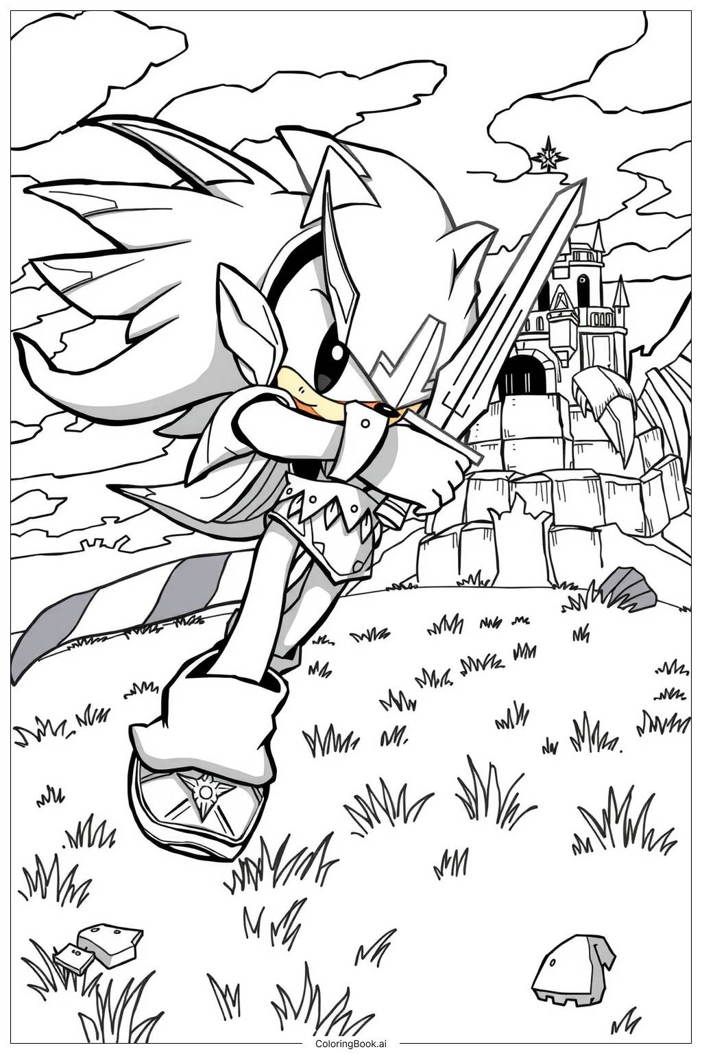  Página para colorir de excalibur sonic lutando contra um dragão com sua espada 