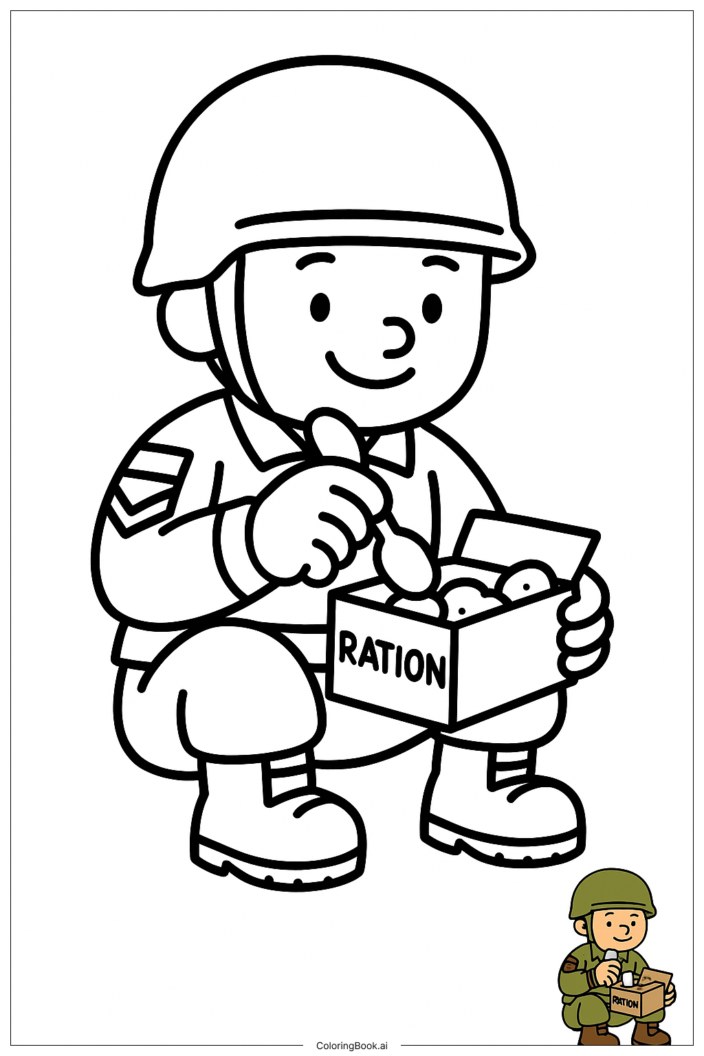  Page de coloriage Soldat de l'armée mangeant des rations 