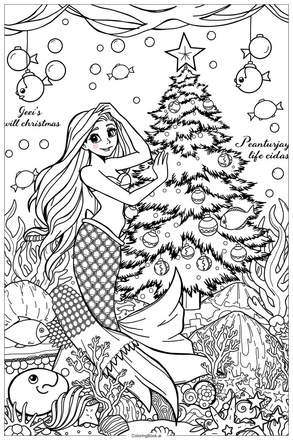  Página para colorear de Sirena Celebrando la Navidad-2 